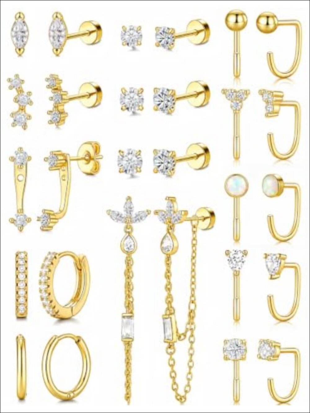 14 Pair Flat Back Earring Stack, 14K Gold Plated CZ Hoop Huggie Set